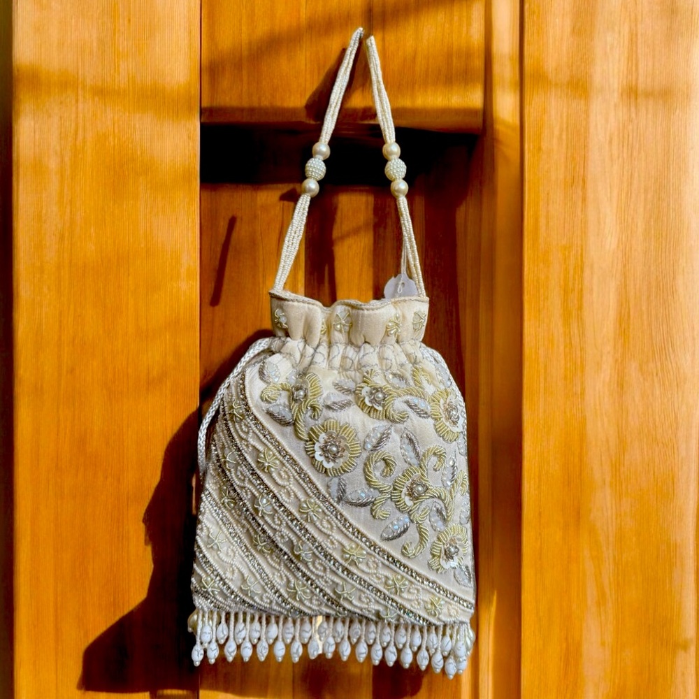 White,Cream Clutch with Beaded Fringe and Ornate Design